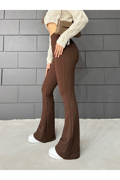 XORVİO Women's Stretchy Lycra High Waist Non-See-Through Crepe Gathering Brown Flared Leggings Trousers