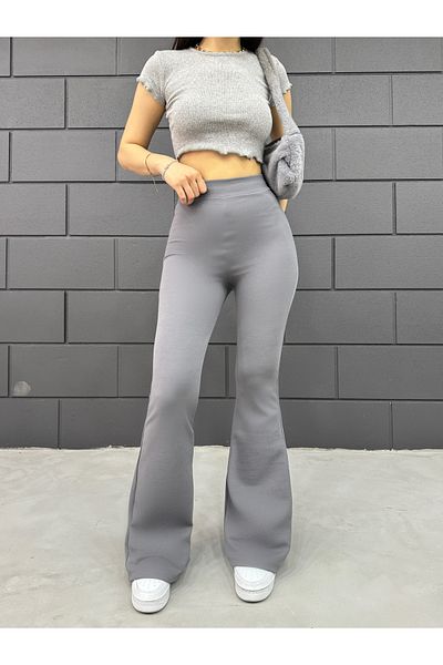 XORVİO Women's Stretchy Lycra High Waist Non-See through Crepe Gathering Gray Flared Leggings Trousers