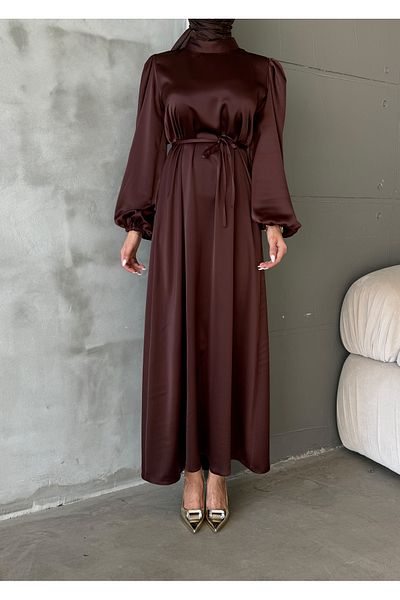 Aranlı tekstil Μπαλόνι μανίκι Σατέν Hijab Oversize Piping ζωσμένο φόρεμα Hijab