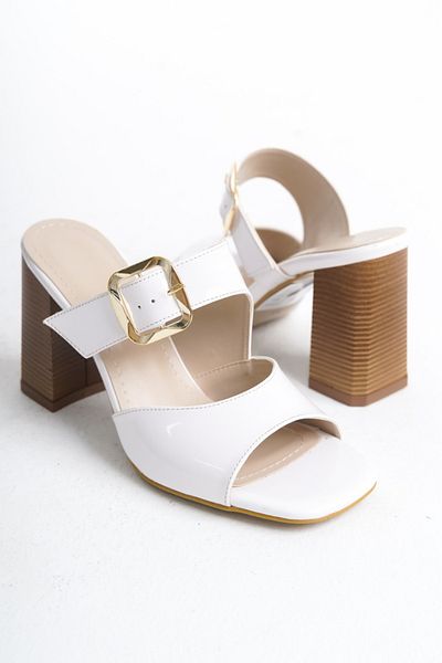 simplicity White Buckle Thick Heeled Slippers