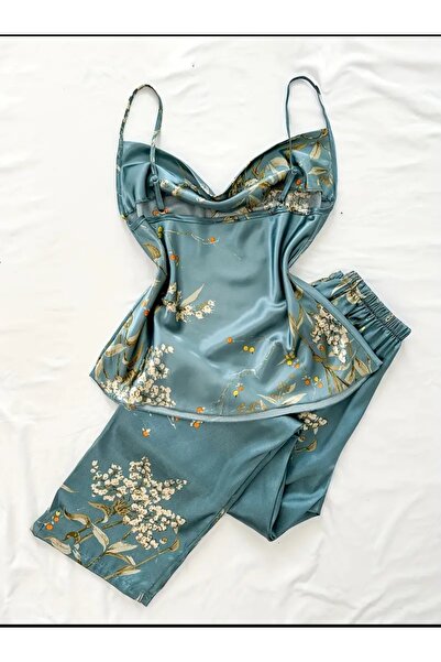 ARONA Saten Çiçekli Askılı Üst ve Uzun Pijama Alt Takımı