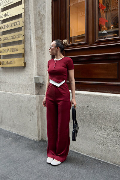 Siner Fashion Women's Burgundy Button Detailed Blouse High Waist Pants Set