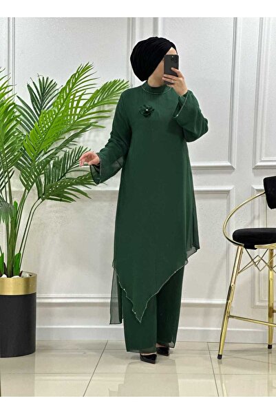 masalabiyem 7117 K150 ZÜMRÜT YEŞİLİ GÜL BROŞLU ŞİFON TAŞLI İKİLİ TAKIM