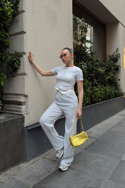 Siner Fashion Women's Gray Button Detailed Blouse High Waist Pants Set