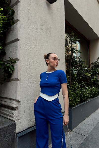 Siner Fashion Women's Blue Button Detail Blouse High Waist Pants Suit