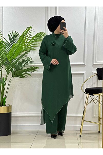 masalabiyem 7117 K150 ZÜMRÜT YEŞİLİ GÜL BROŞLU ŞİFON TAŞLI İKİLİ TAKIM