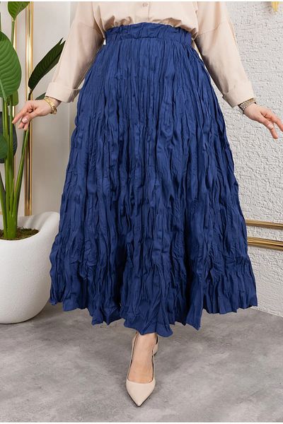 Cochines Women's Navy Blue Pleated Wrinkled Shorts Fabric Elastic Waist Maxi Hijab Skirt