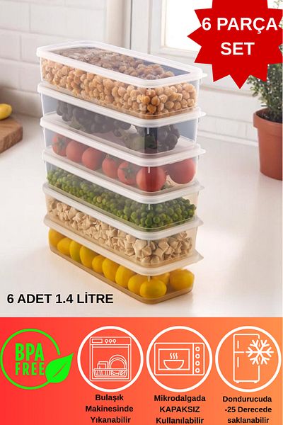 DOVİHOME 6 Pieces Vacuum Sealed Storage Container Set 1400ml |   Transparent |   Refrigerator Organizer