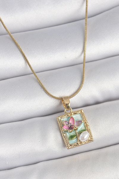 Clariss 316L Steel Gold Color Chain Blue Enamel Flower Embroidered Pearl Detail Portrait Model Women's Necklace