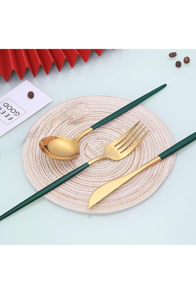 BRE HOME 6 Kişilik Gold Yeşil Paslanmaz Çelik 18 Parça Yuvarlak Form Çatal Bıçak Kaşık Seti