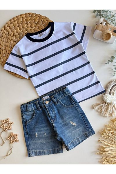 Sipsirin Stylish and Comfortable Striped T-Shirt and Denim Shorts Set for Kids (Ages 3-10)