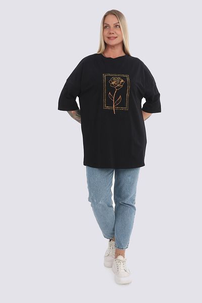 King Bee Roses Patterned Crystal and Conical Stone Embroidered Black Supreme Long and Large Size Short Sleeve Women's Tshirt