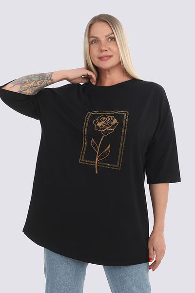 King Bee Roses Patterned Crystal and Conical Stone Embroidered Black Supreme Long and Large Size Short Sleeve Women's Tshirt