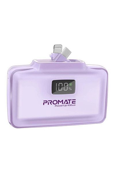 Promate PowerUp-10 Duo - Compact 10000mAh Power Bank with Foldable USB-C & Lightning Connectors