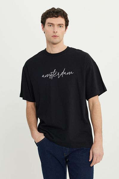 AC&Co / Altınyıldız Classics Ανδρικό μπλουζάκι ασπρόμαυρο oversize 100% βαμβακερό φαρδύ μπλουζάκι με στάμπα με λαιμόκοψη