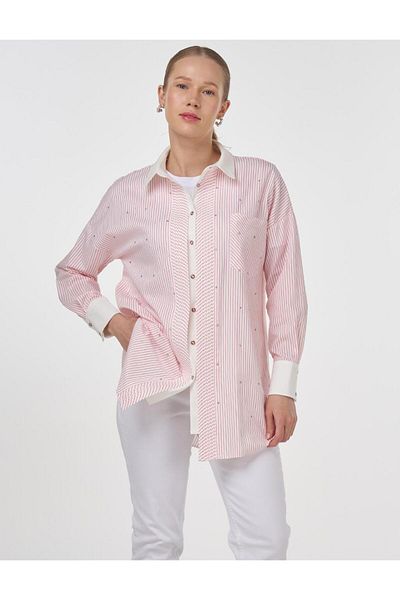 Kayra Hotfix Printed Line Pattern Tunic Coral