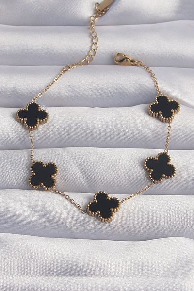 Skygo 316L Steel Gold Color Black Enamel Clover Bracelet - Tj-Bb6258