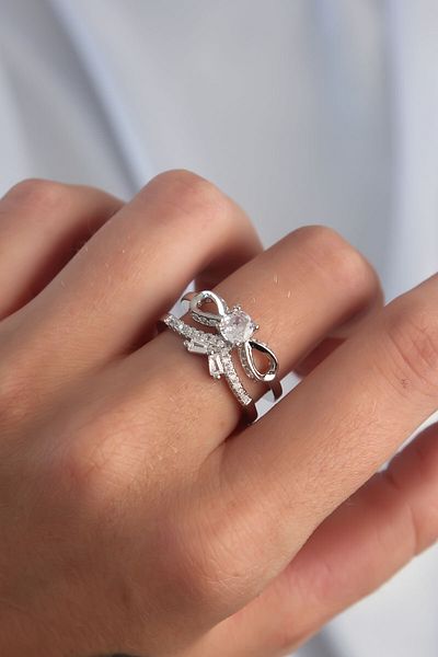 Skygo Brass Adjustable Silver Color Zircon Stone 2-Piece Appearance Bow Ring - Tj-Byk3288