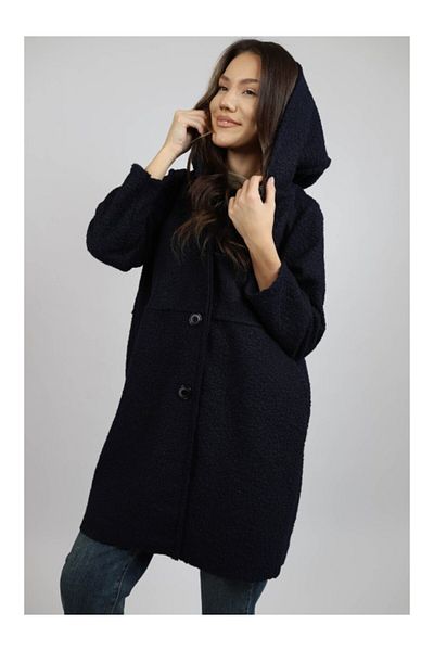 FASHIONLAND JIANNA HOODED MIDI COAT WITH POCKET UNLINED BUTTON CLOSURE ONE SIZE NAVY BLUE
