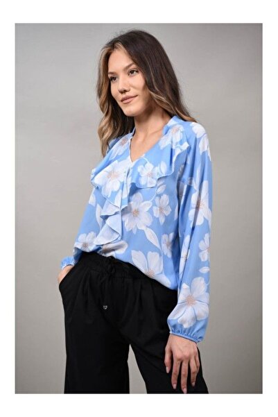 FASHIONLAND RUFFLED BLOUSE WITH ETEREO FLORAL PRINT ONE-WAIST BABY BLUE