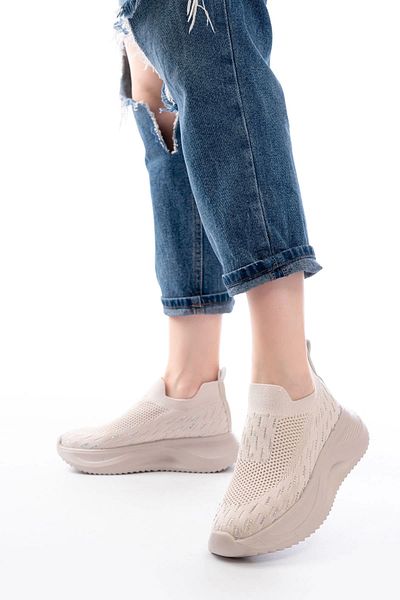 ASFSTORE DM-707 Pantofi sport de zi cu zi cu talpă Faillant din plasă bej cu accesorii din piatră