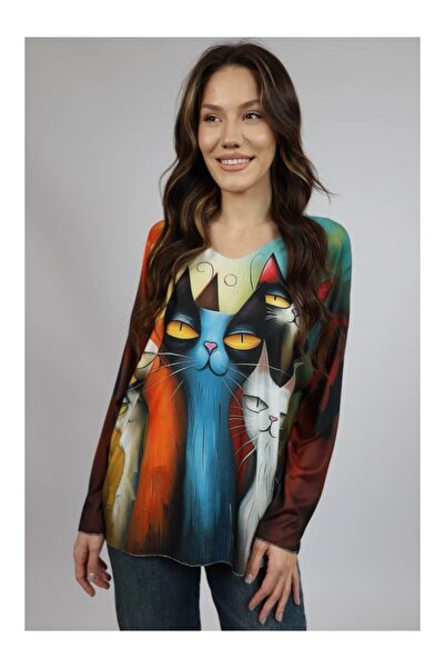 FASHIONLAND BLUZA SOFT CU MANECA LUNGA GULER V CAT EYE NEKO TALIE UNICA Multi...