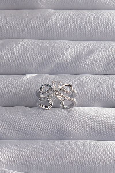 Skygo Brass Adjustable Silver Color Zircon Stone 2-Piece Appearance Bow Ring - Tj-Byk3288