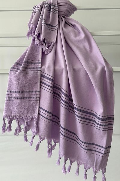 Sevim 90x170cm Prosop din bumbac moale cu dungi liliac, absorbant de apă, Peshtemal