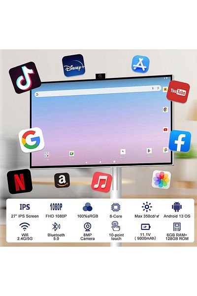 FlashHawk 27 Inch Portable TV with Adjustable Floor Touch Screen Smart TV,6G RAM+128G Storage, 9000aMh Battery