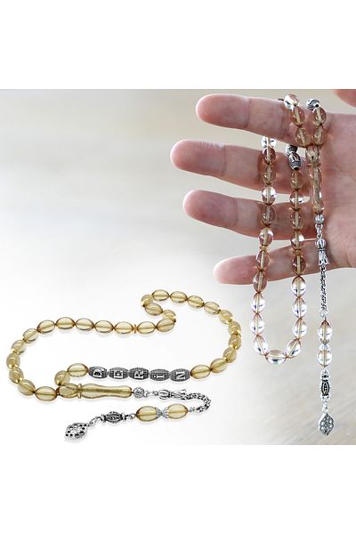 Tesbihane Transparent White Fire Amber Prayer Beads with Tarnish-Free Metal Tassels