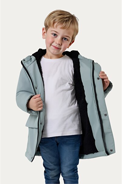 Montstop Erkek Çocuk Mint Yeşili İçi Kürklü Su ve Rüzgar Geçirmez Kapüşonlu 3 Cep Kışlık Mont & Kaban & Parka