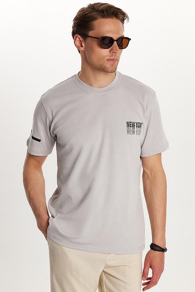 Tudors Men's Slim Fit Slim Fit Cotton Plain Basic Printed Crew Neck Gray T-Shirt