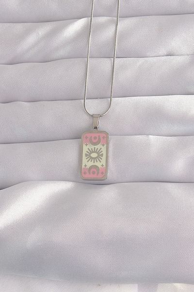 Skygo 316L Steel Silver Color Pink Enamel Moon Figure Tarot Necklace - Tj-Bko9045