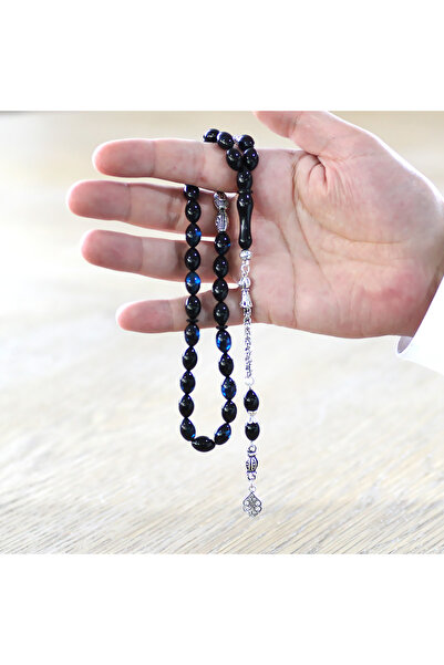 Tesbihane Kararmaz Metal Püsküllü Mavi-Siyah Sıkma Kehribar Tesbih
