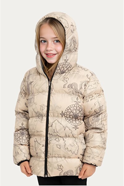 Montstop Kız Çocuk Bej Pusula Desen İçi Polar Su ve Rüzgar Geçirmez Kapüşonlu Cepli Şişme Kışlık Mont