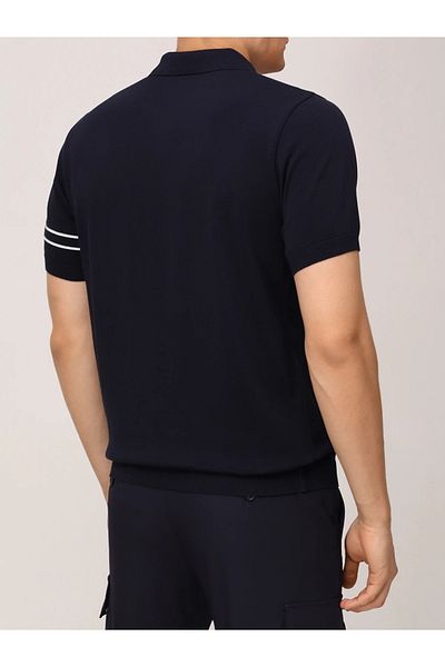 PAUL&SHARK Men's Regular Fit Half Zipper Sleeves Stripe Pattern Short Sleeve Navy Blue-White Polo Neck T-Shirt