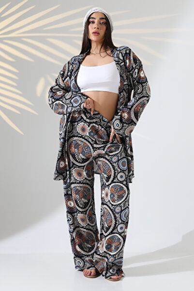 forte bella Patterned Maxi Length Bottom-Top Kimono Set