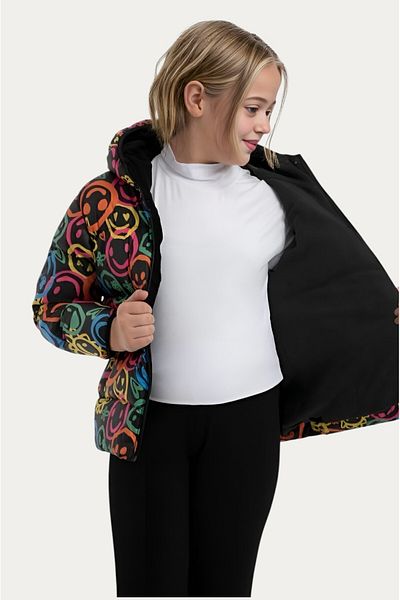 Montstop Girl's Emoji Patterned Fleece Furry Pocket Water and Windproof Hooded Winter Puffer Jacket