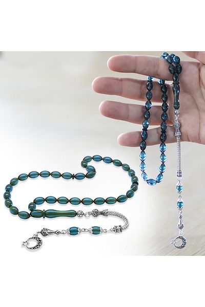 Tesbihane Ayyıldız Non-Tarnish Metal Tasseled Barley Cut Turquoise Fire Amber Prayer Beads