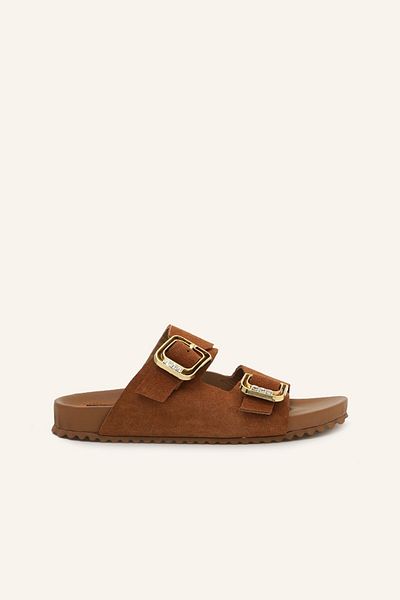 MARCATELLI Tan Suede Romy Buckle Leather Slippers