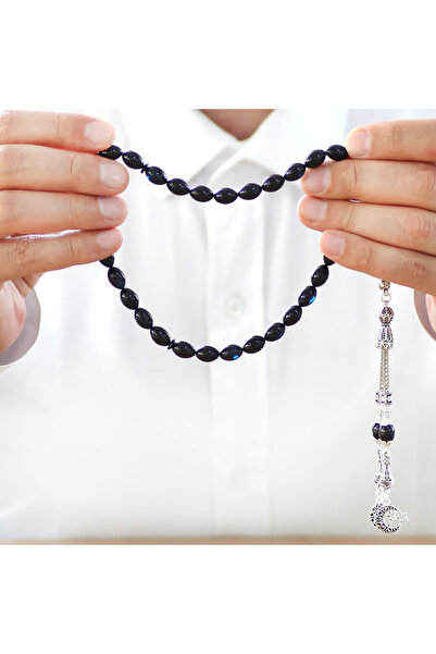 Tesbihane Μεταλλικός χάντρες προσευχής με φούντες αρπακτικού κοπής, μπλε-μαύρος, κορδέλα κεχριμπάρι, που δεν μαύρανε