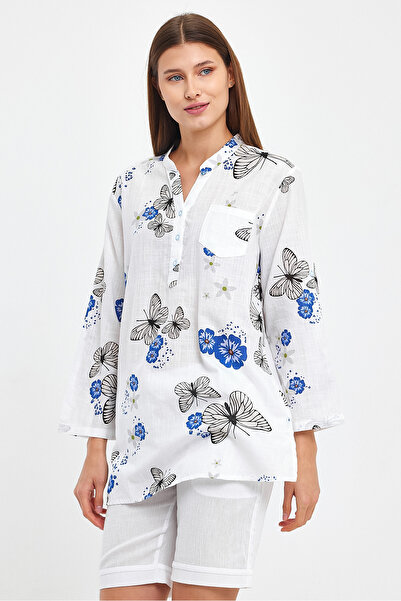 Heaven Ephesus Butterfly Patterned Linen Blouse - Half Placket - 1544