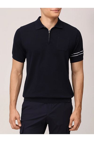 PAUL&SHARK Men's Regular Fit Half Zipper Sleeves Stripe Pattern Short Sleeve Navy Blue-White Polo Neck T-Shirt