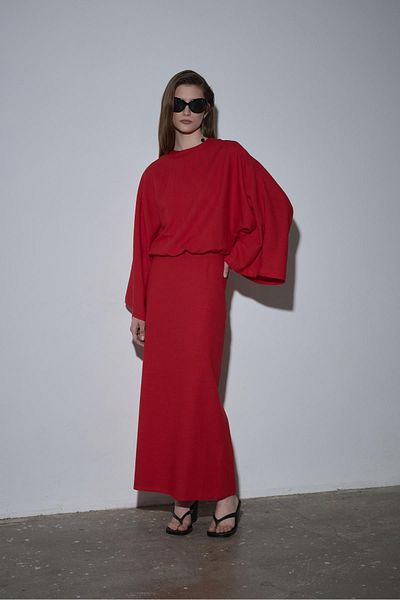 Suud Collection Red Jaylen Straight Cut Linen Skirt