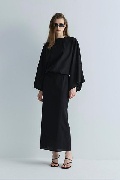 Suud Collection Black Jaylen Straight Cut Linen Skirt