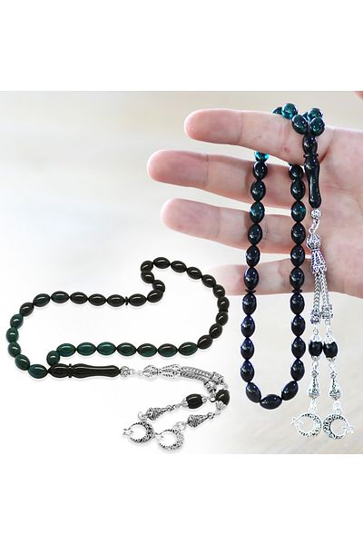 Tesbihane Non-Tarnish Metal Crescent Star Tasseled Barley Cut Filtered Turquoise-black Fire Amber Prayer Beads
