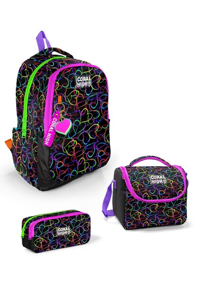 Coral High Kids Çok Renkli Kalp Desenli 3 lü Okul Çanta Seti SET0123670