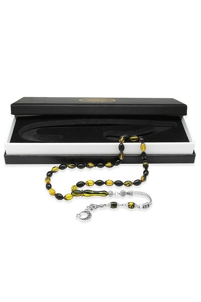 Tesbihane Ayyıldız Non-Tarnish Metal Tasseled Barley Cut Yellow-black Fire Amber Prayer Beads