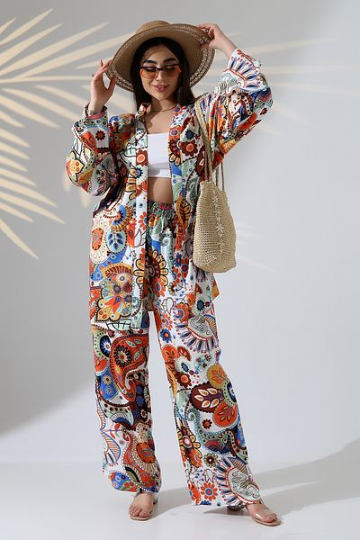 forte bella Patterned Maxi Length Bottom-Top Kimono Set