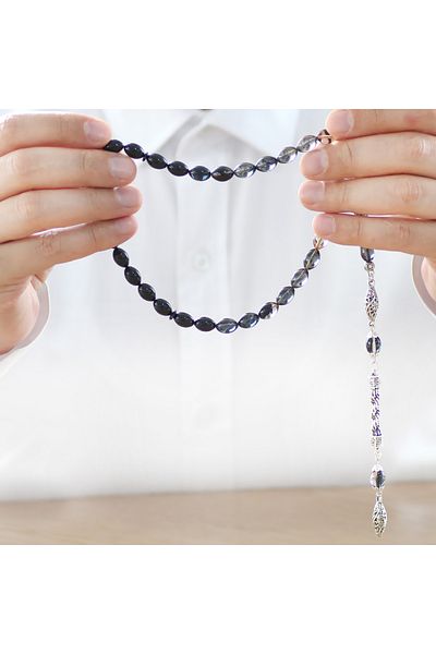 Tesbihane Non-Tarnish Metal Rope Tasseled Barley Cut Straining White-black Fire Amber Prayer Beads